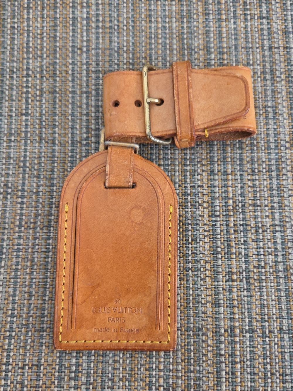Louis Vuitton Brown Leather Luggage Tag with Yellow Stitching